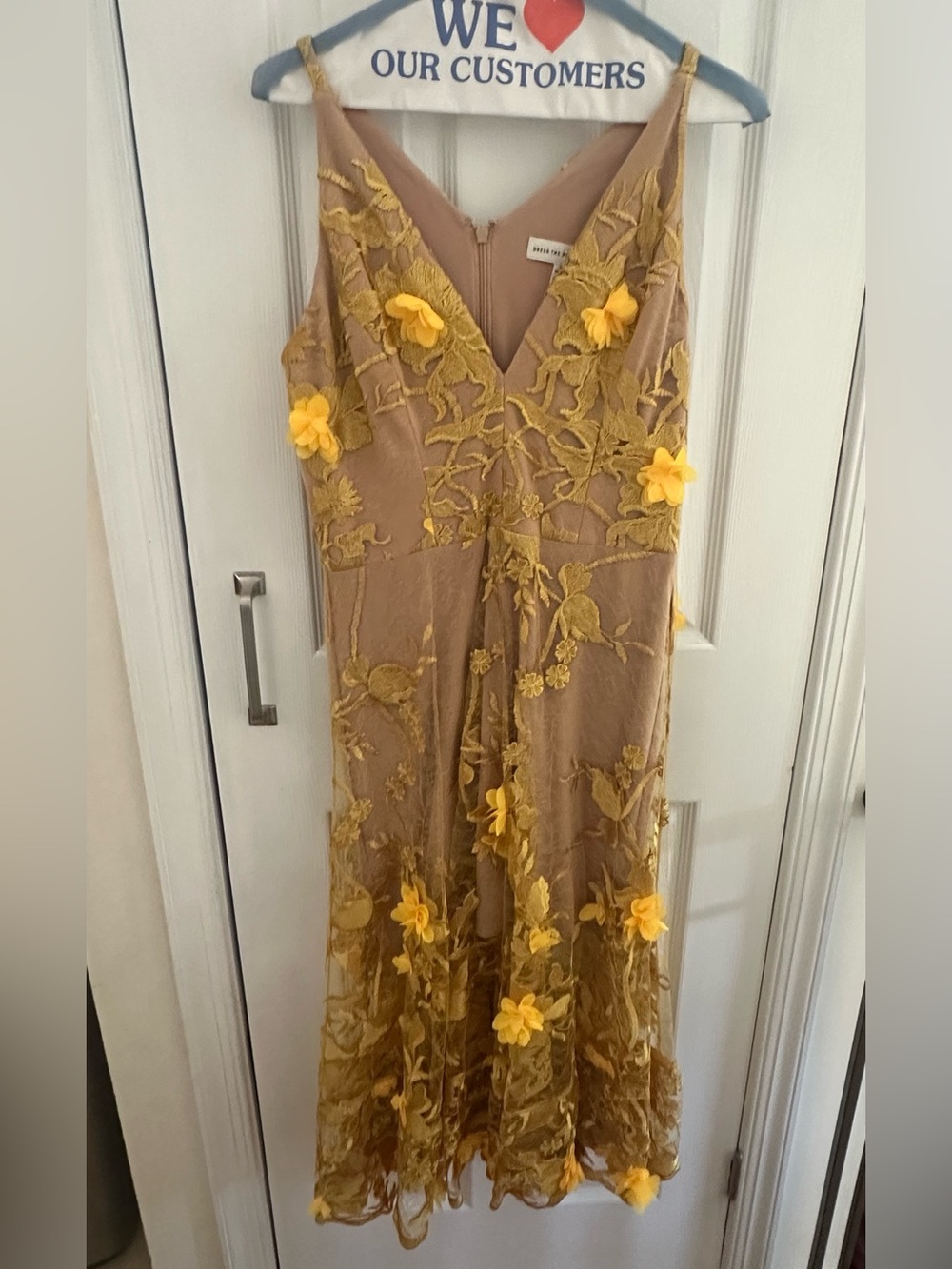 DRESS THE POPULATION SHEER LACE FLORAL APPLIQUÉ MIDI DRESS